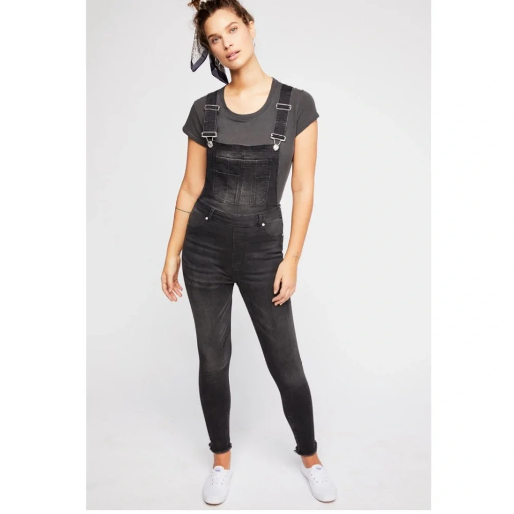 Free People Lexden Black Naturally Faded Raw Frayed Hem Zip Side Overalls